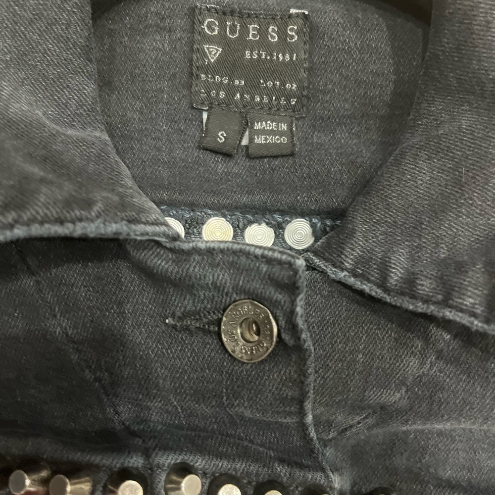 Guess Black Studded Denim Jean Jacket with Leather Fringe and Western Details - Picture 3 of 4